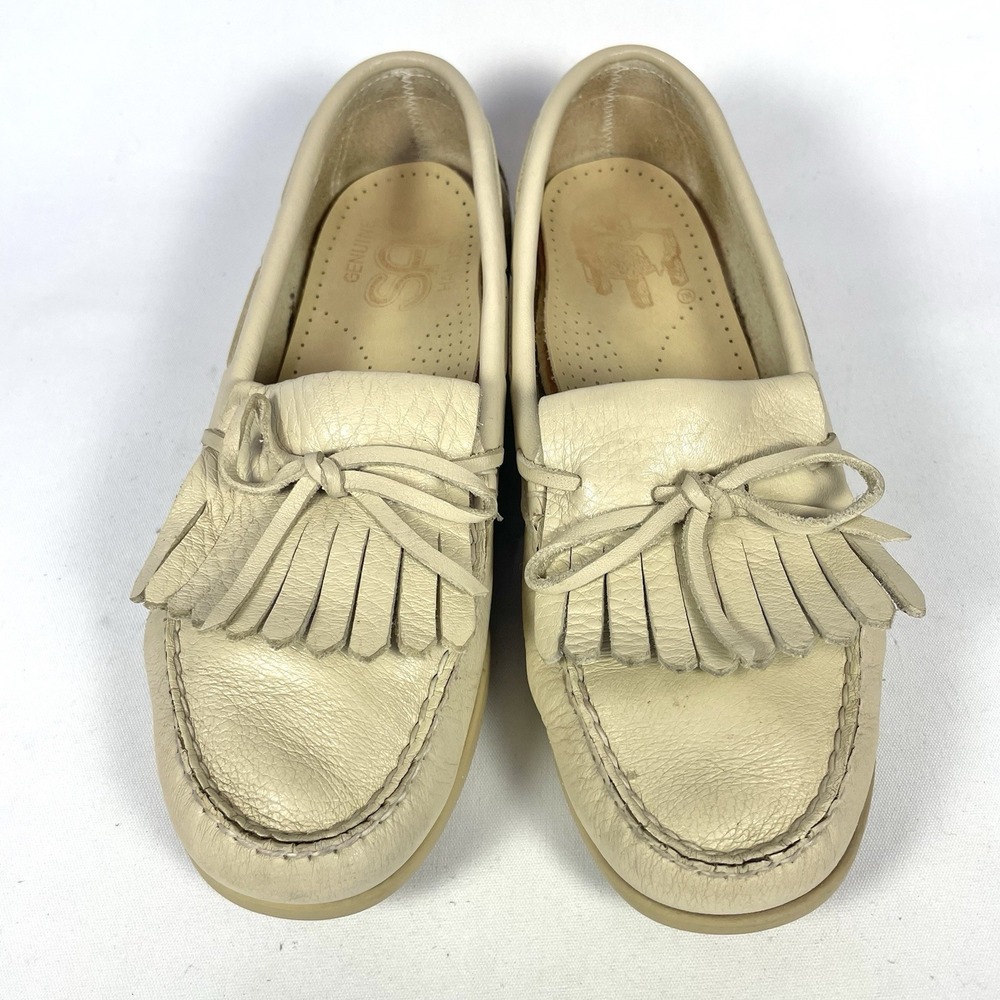 Vintage SAS Kiltie Fringe Loafers Womens 8M Cream Leather Comfort Moccasins - Picture 3 of 9